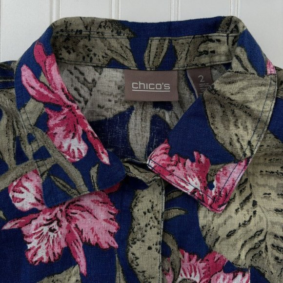 Chicos 100% Linen Lightweight Jacket (Size L) Tropical Print Button 3/4 Sleeve - Picture 6 of 8